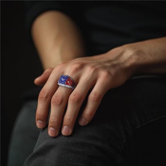 American Flag Rings for Men Silver Plated - Patriotic Chunky Ring Trendy - Picture 5 of 6